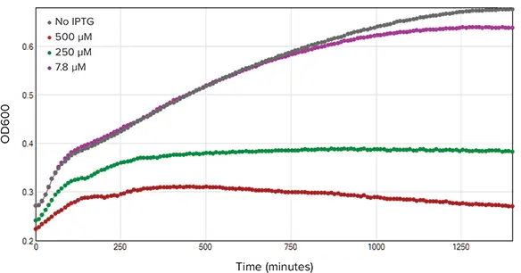 図2. OD600カイネティックのトレース。OD600の測定値は24時間にわたって10分ごとに記録した（n=3）。IPTG濃度が上昇するにつれて、細菌の増殖速度は低下した。